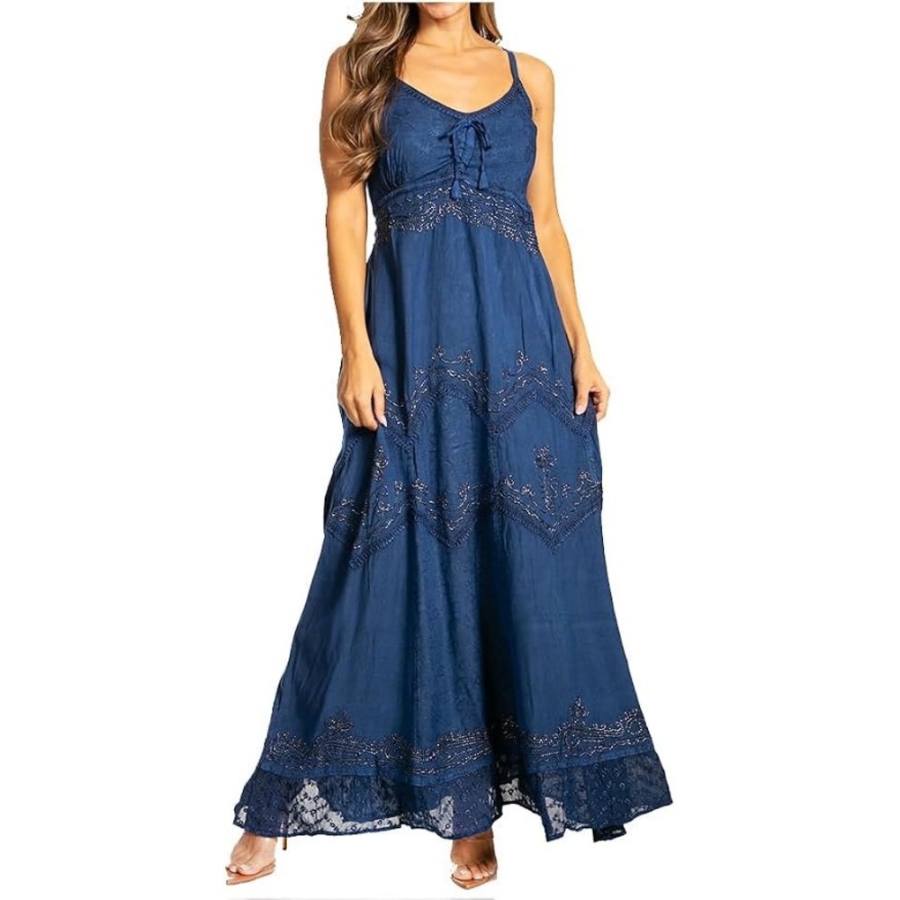 Sakkas Blue Embroidered Beaded Maxi Dress Boho Smocked Back L/XL